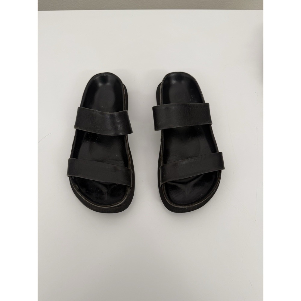 Vintage Christian Birkenstock Black Leather Minimalist Two Strap Flat Sandals 37